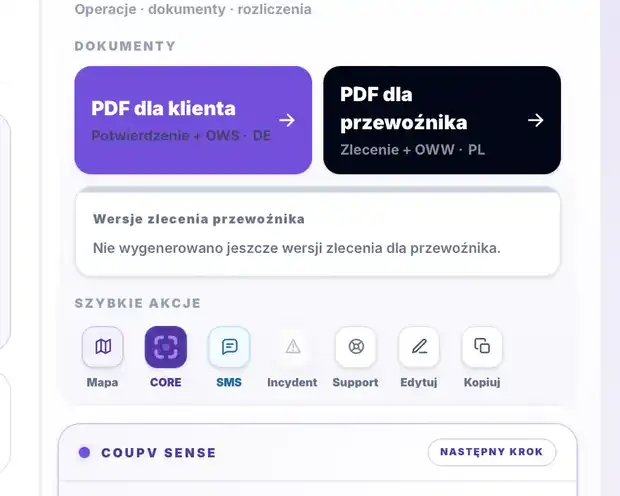 Rzeczywisty ekran COUPV z dokumentami i szybkimi akcjami zlecenia