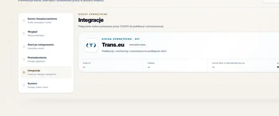 Rzeczywisty ekran ustawień integracji Trans.eu w COUPV