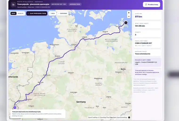 Rzeczywisty ekran COUPV Route Intelligence z trasą ciężarówki